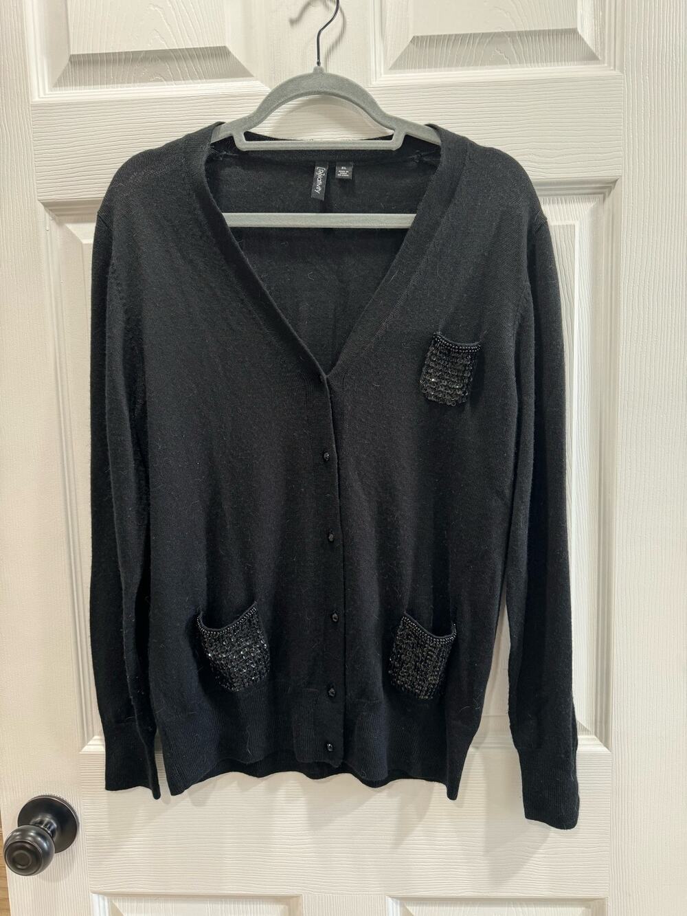 Black Sparkle Pocket Button V Neck Cardigan Soft XL Relativity